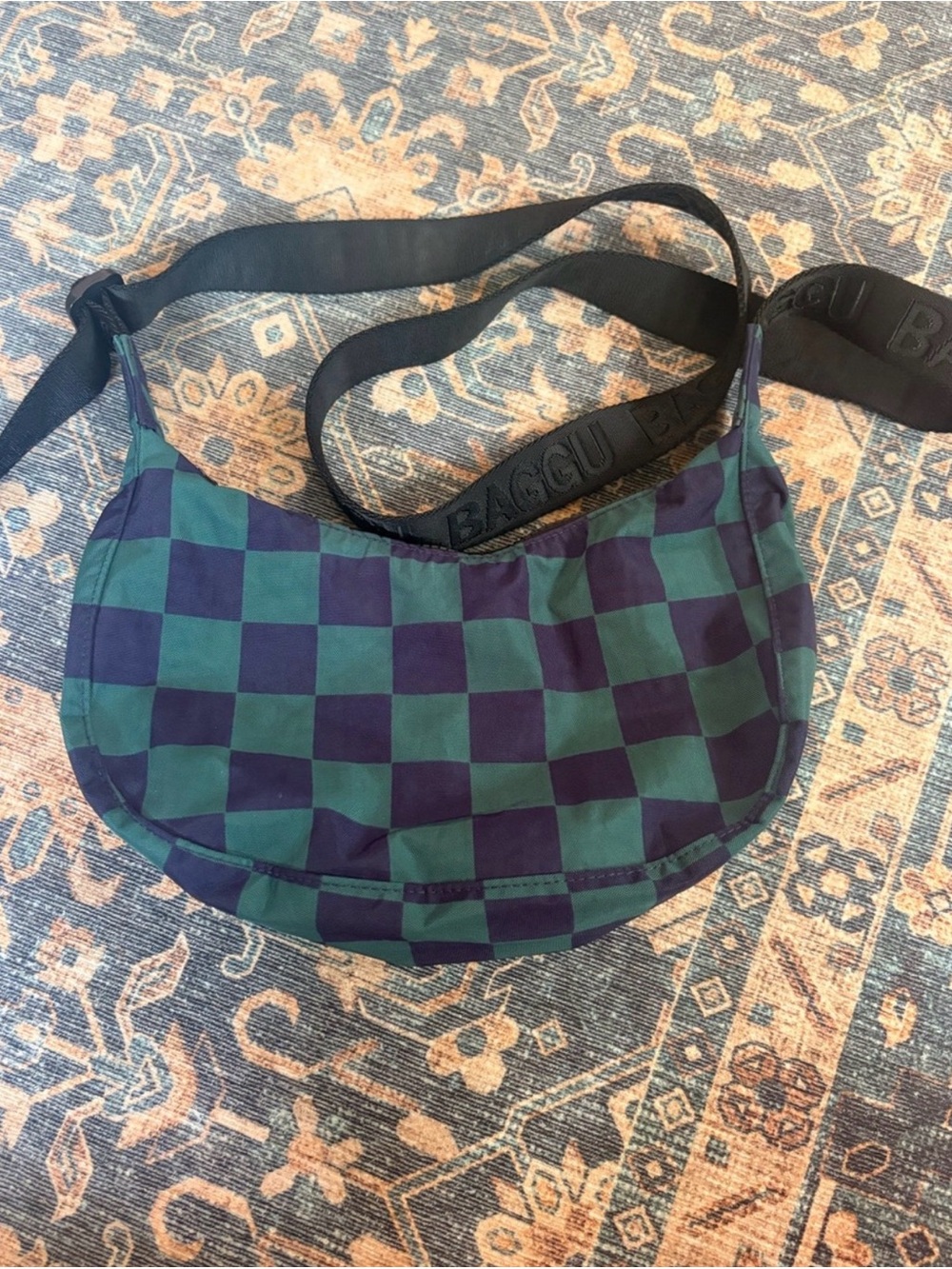 BAGGU Green and Navy Checkerboard Crossbody Bag Mini